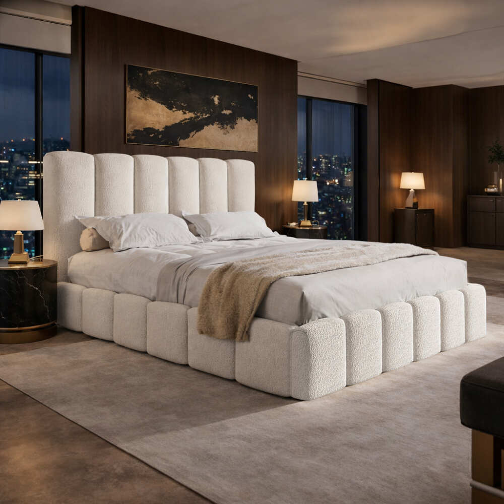 Siaura miegamojo lova Dallas 2 SLIM su minkštu galvūgaliu ir patalynės dėže moderni lova miegamajam