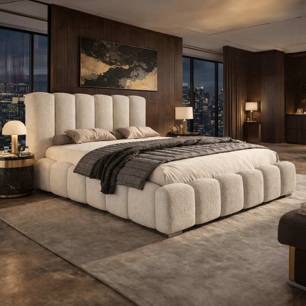 Moderni ir prabangi miegamojo lova Dallas 2 su minkštu galvūgaliu ir patalynės dėže.