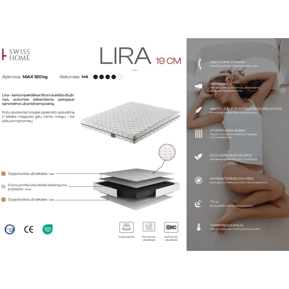 Čiužinys Lira, Lima Design, Čiužiniai, Dvipusis (H3/H4), čiužinys