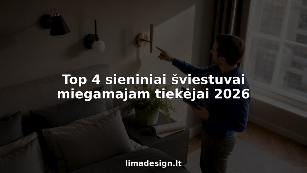 Interjero dizainerė apžiūri miegamojo sieninius šviestuvus ir vertina, kaip jie dera bendroje erdvės kompozicijoje.