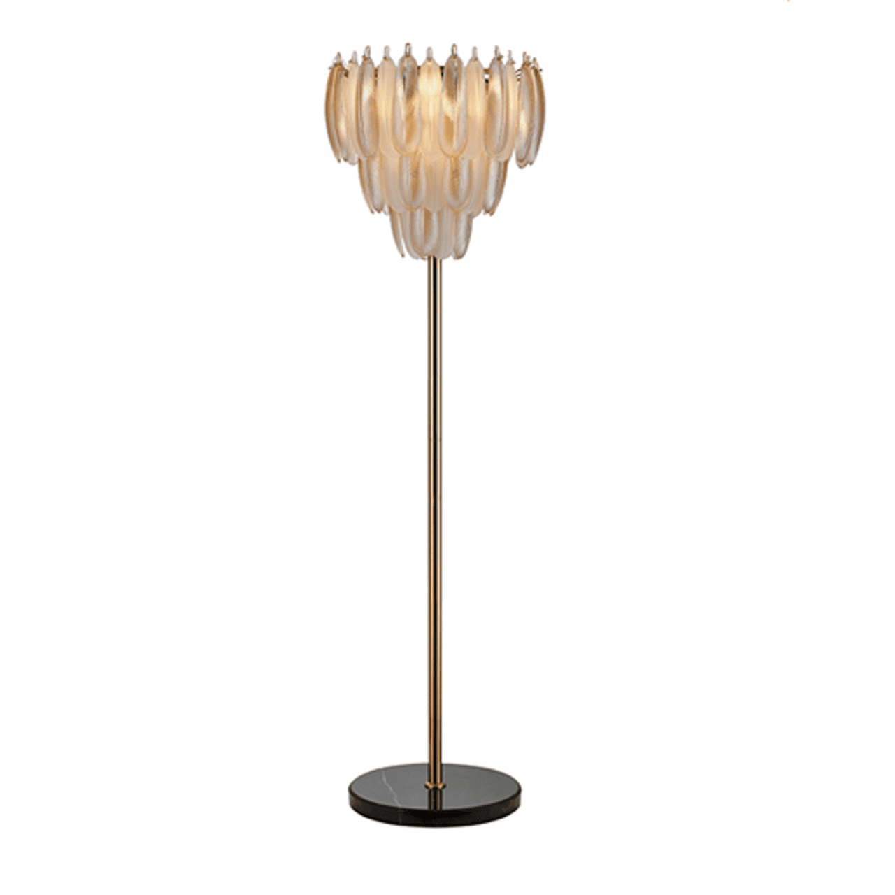 Sendinto žalvario spalvos toršeras Chloe su aštuoniais stiklo gaubteliais, 50 cm skersmens, 168 cm aukščio